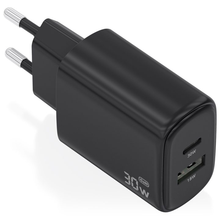 AISENS Cargador GaN 30W, 1xUSB-C PD3.0 QC4.0, 1xUSB-A QC3.0, Blanco