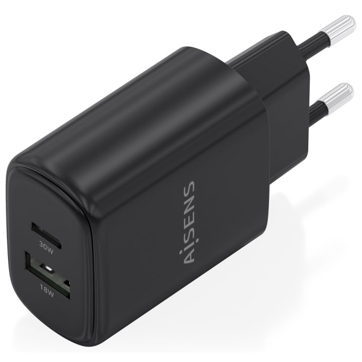 AISENS Carregador GaN 30W, 1xUSB-C PD3.0 QC4.0, 1xUSB-A QC3.0, Branco