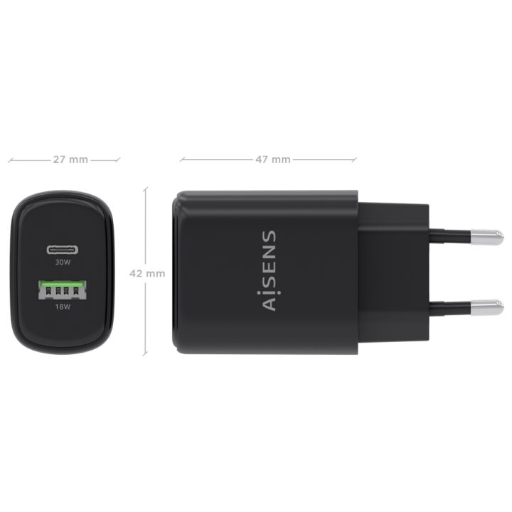 AISENS GaN Charger 30W, 1xUSB-C PD3.0 QC4.0, 1xUSB-A QC3.0, White