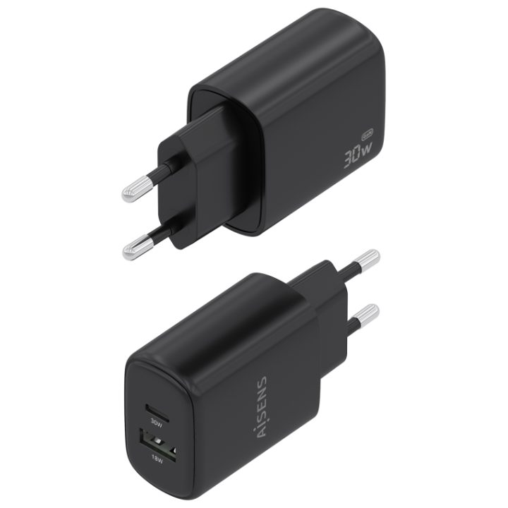AISENS Cargador GaN 30W, 1xUSB-C PD3.0 QC4.0, 1xUSB-A QC3.0, Blanco