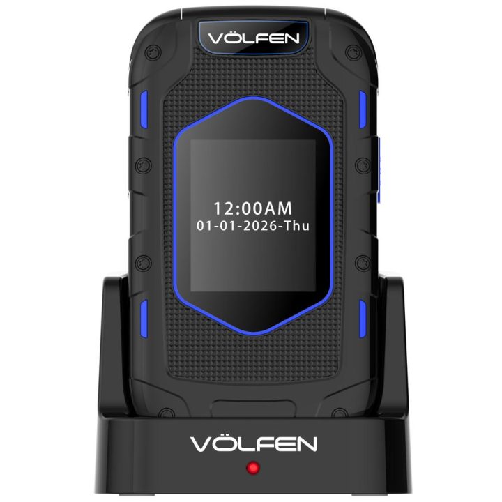 Telemóvel Volfen Ranger tipo concha azul base de carregamento