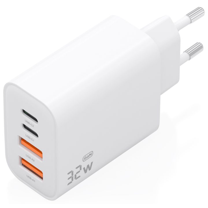 AISENS Cargador GaN 32W, 2xUSB-C PD3.0, 2xUSB-A, Blanco