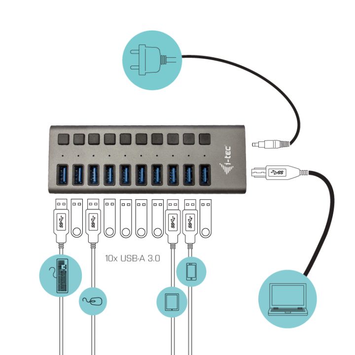 i-tec USB 3.0 Charging HUB 10 portas + Adaptador de Alimentação 48 W