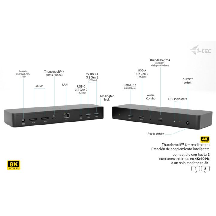 Estação de ancoragem inteligente de duplo ecrã i-tec Thunderbolt 4 +…
