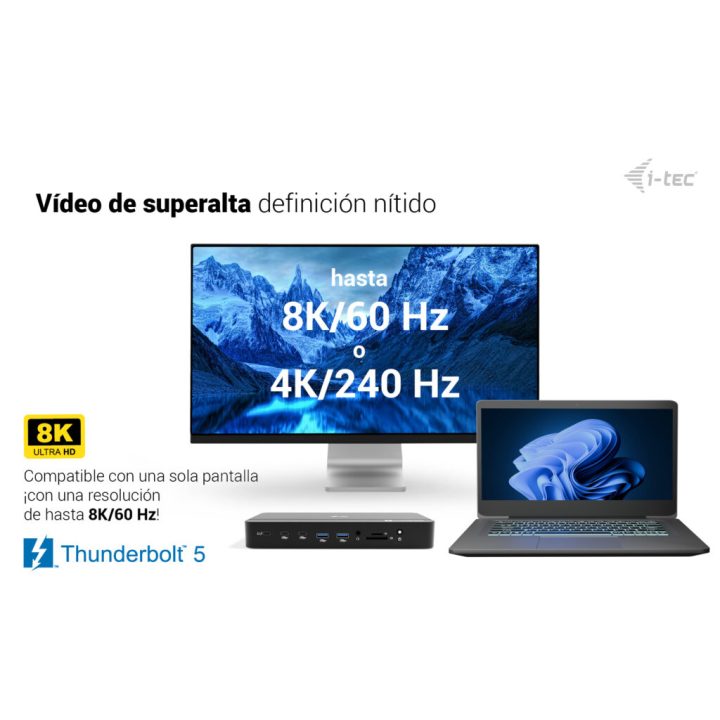 Estação de ancoragem i-tec Thunderbolt 5 com três ecrãs, slot M.2, 6x…