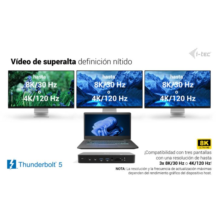 Estação de ancoragem i-tec Thunderbolt 5 com três ecrãs, slot M.2, 6x…