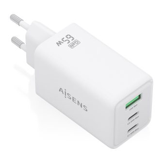 AISENS Cargador GaN 65W, 2xUSB-C PD3.0 QC4.0, 1xUSB-A QC3.0, Blanco