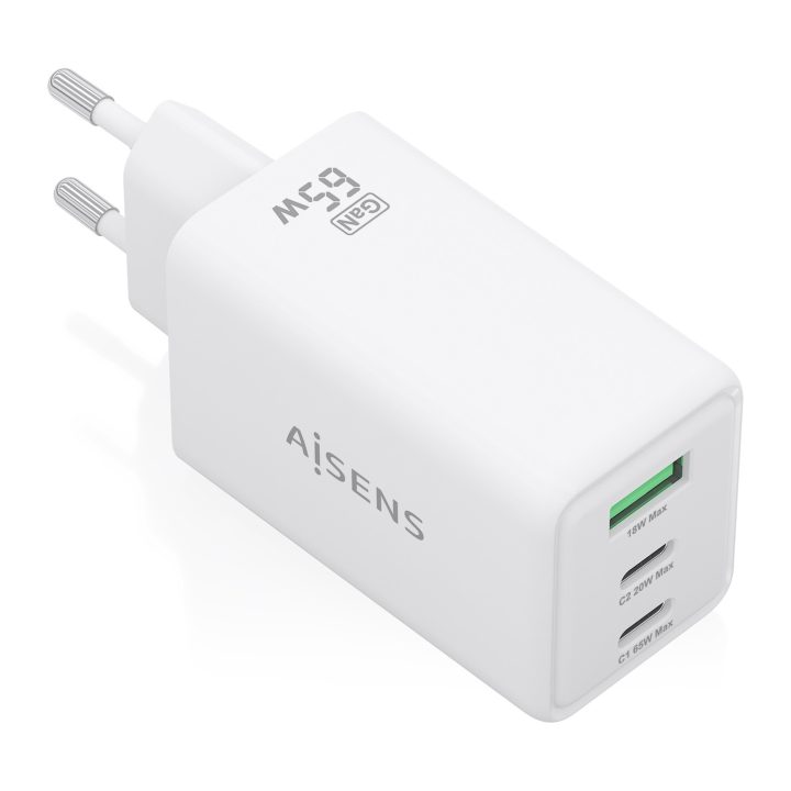 AISENS GaN 65W Charger, 2xUSB-C PD3.0 QC4.0, 1xUSB-A QC3.0, White
