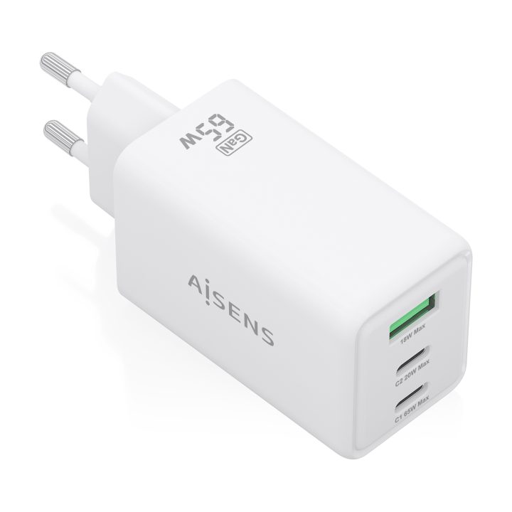 AISENS Carregador GaN 65W, 2xUSB-C PD3.0 QC4.0, 1xUSB-A QC3.0, Branco