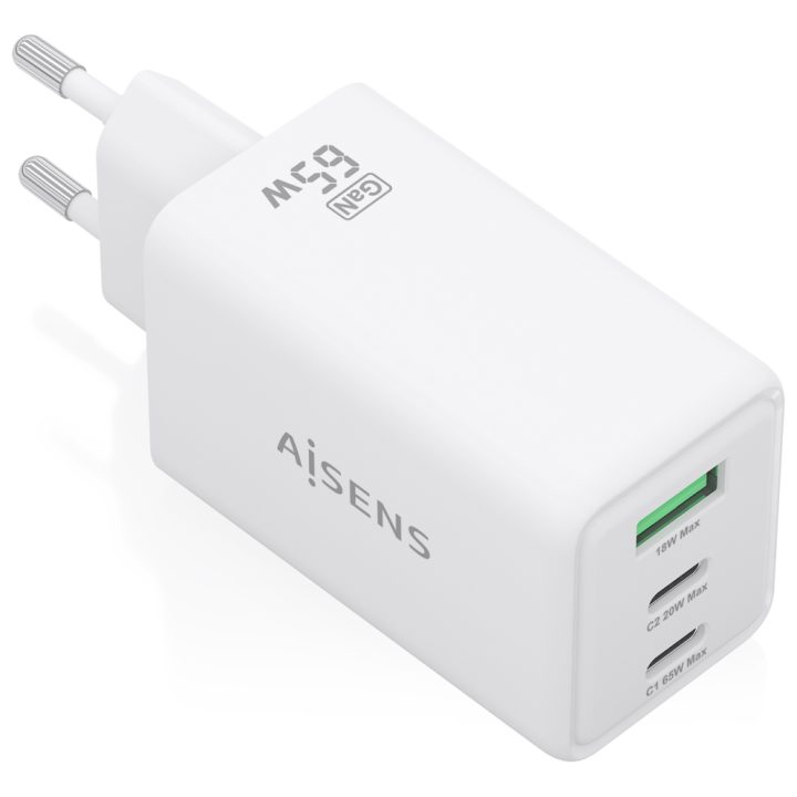 AISENS GaN 65W Charger, 2xUSB-C PD3.0 QC4.0, 1xUSB-A QC3.0, White