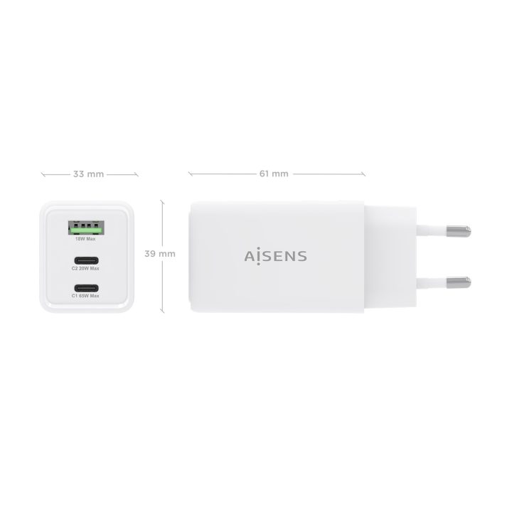AISENS GaN 65W Charger, 2xUSB-C PD3.0 QC4.0, 1xUSB-A QC3.0, White