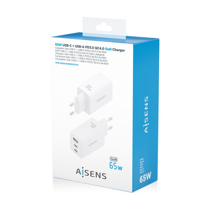 AISENS Carregador GaN 65W, 2xUSB-C PD3.0 QC4.0, 1xUSB-A QC3.0, Branco