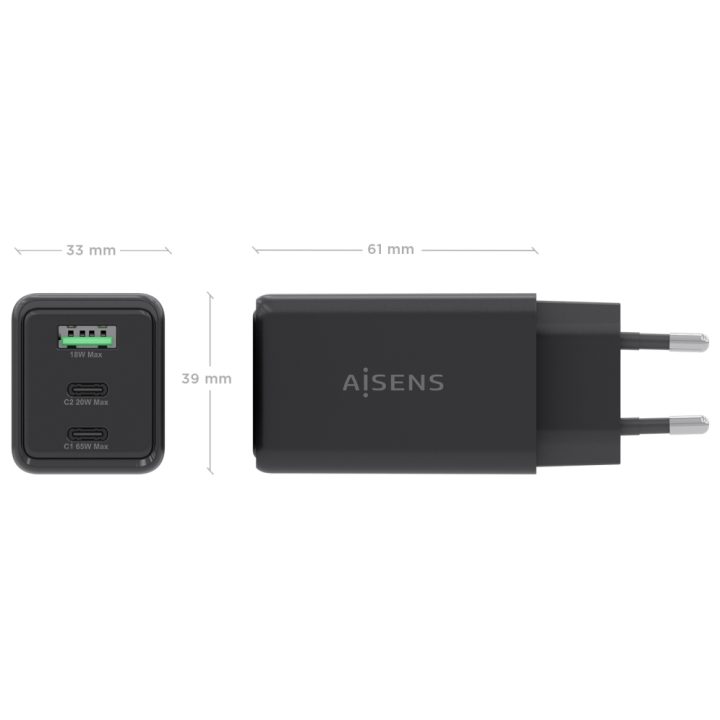 AISENS Cargador GaN 65W, 2xUSB-C PD3.0 QC4.0, 1xUSB-A QC3.0, Blanco
