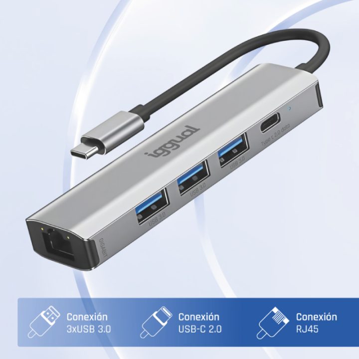 iggual Hub tipo C 5 puertos 3xUSB + RJ45 + tipo C