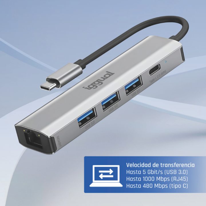 iggual Hub tipo C 5 puertos 3xUSB + RJ45 + tipo C