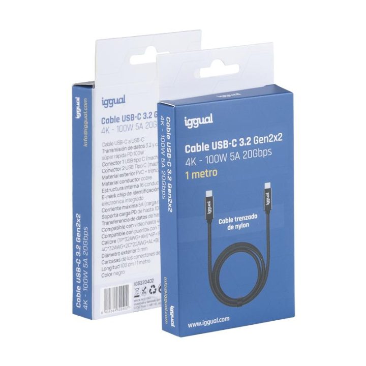 iggual Cable USB-C 3.2 Gen2x2 100W 5A 4K 1m nylon