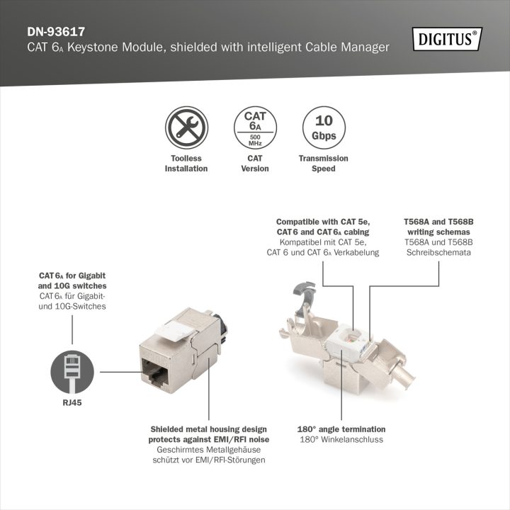 DIGITUS Keystone Module CAT 6A - Shielded - Silver - RJ-45 - 19 g -…