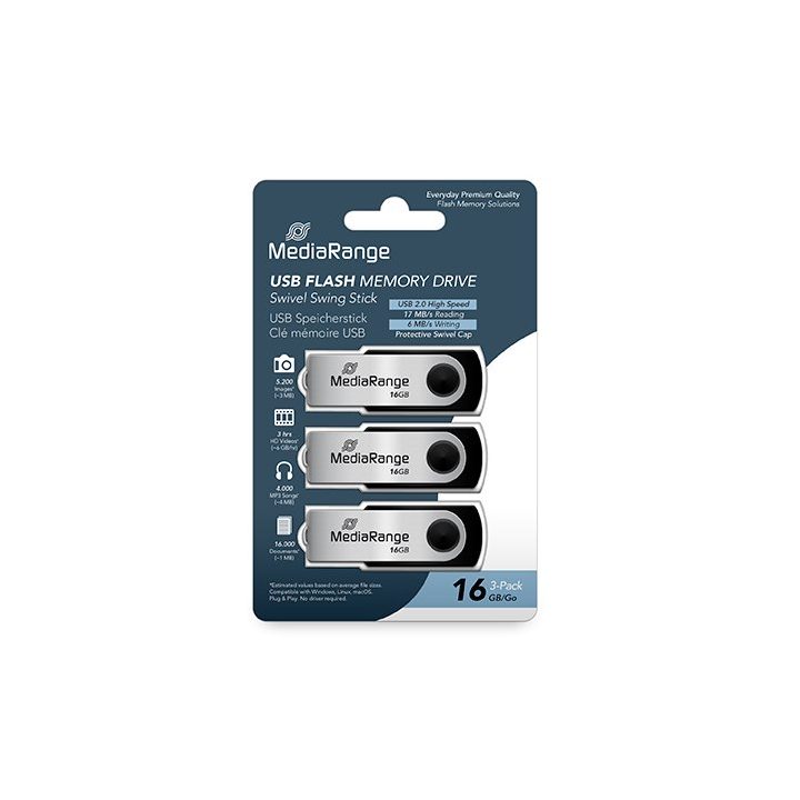 Mediarange 16GB USB 2.0 Flash Drive 3 Pack (MR910-3)