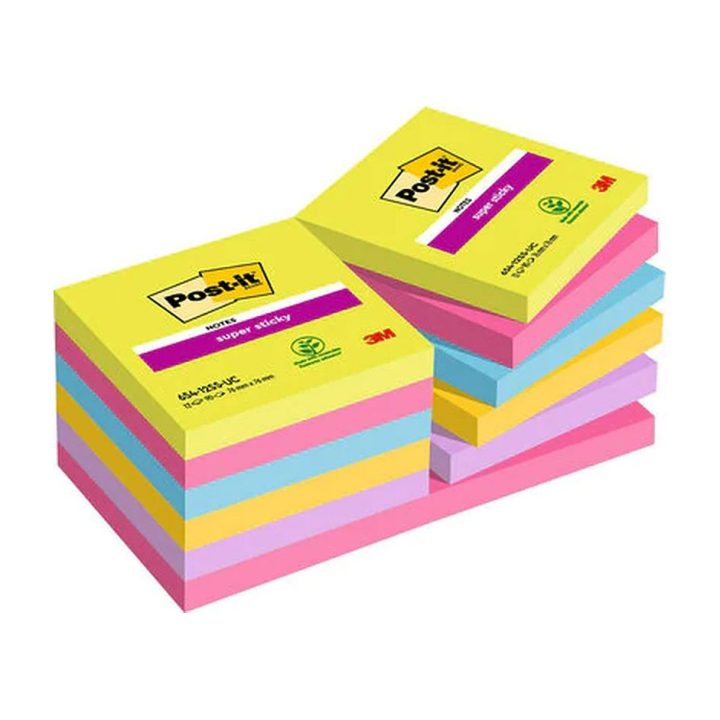 Pack of 12 90-Sheet Sticky Notes Pads 76x76mm Super Sticky Assorted…