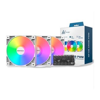 Montech GF120 PWM White Pack 3 + Hub (GF120 ARGB PWM 3 IN 1 (W))…