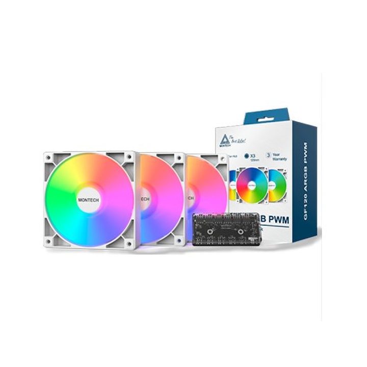 Montech GF120 PWM White Pack 3 + Hub (GF120 ARGB PWM 3 IN 1 (W))…