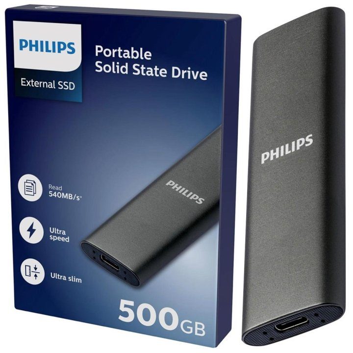 Philips Ultra Slim 500GB M.2 USB-C External SSD Hard Drive Gray…