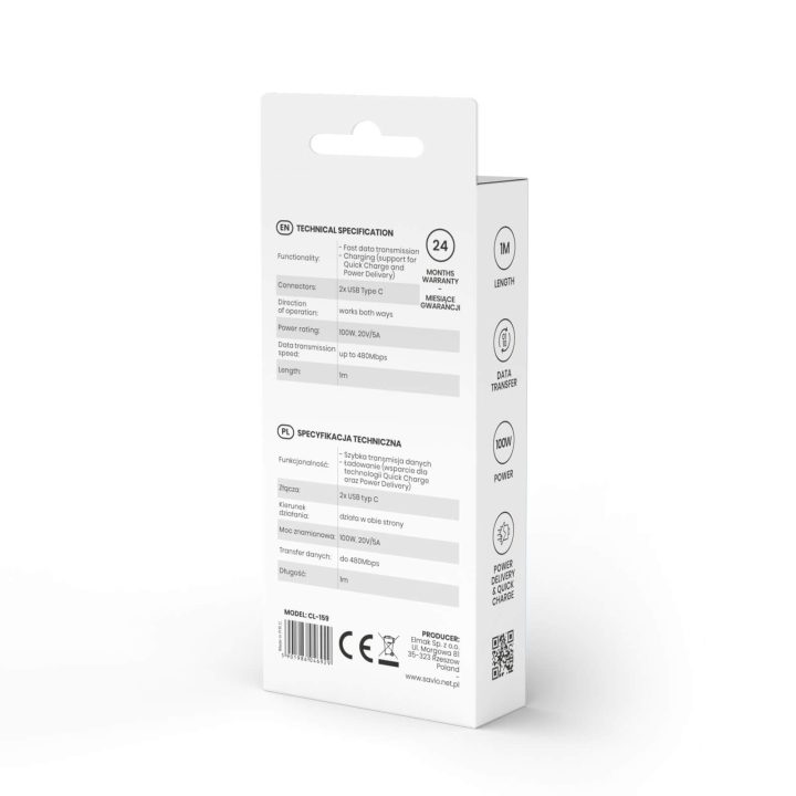 Savio CL-159 USB-C to USB-C Cable 5A 1m Black