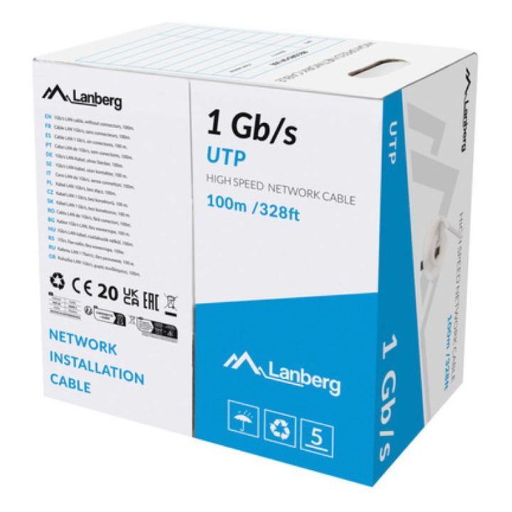 Bobina 1GB-s Lanberg u-UTP RJ45 sólido cca AWG23 100m cinzento…