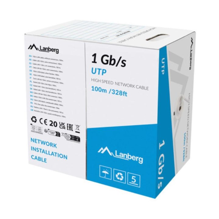 Bobina 1GB-s Lanberg u-UTP RJ45 sólido cca AWG23 100m cinzento…