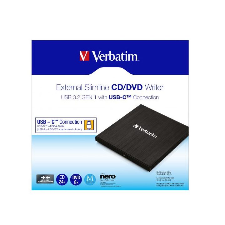 Leitor CD-DVD slim Verbatim USB-C (43886)