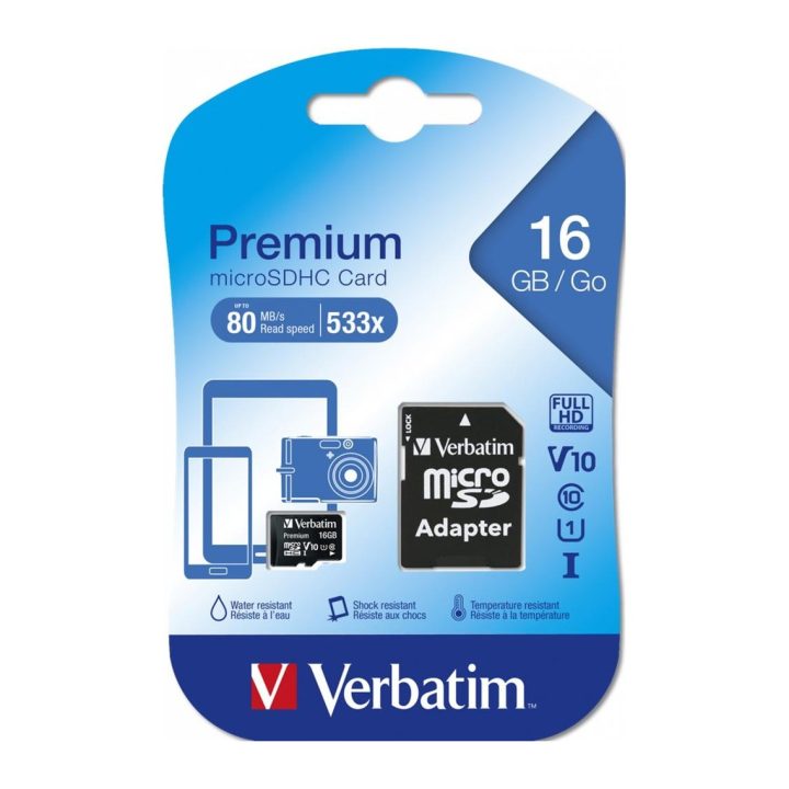 Cartão de memória micro SD Verbatim 16GB C10 u1 + adaptador (44082)