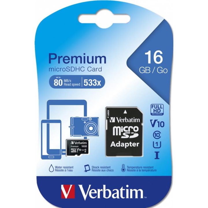 Tarjeta memoria micro SD Verbatim 16GB C10 u1 + adaptador (44082)