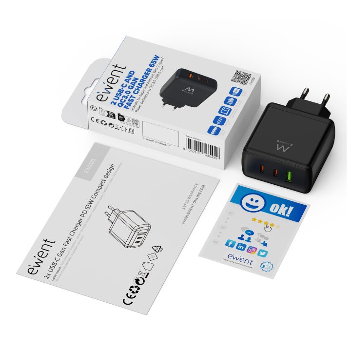 Ewent Carregador rápido GaN de 65W com 3 portas (2 USB-C PD e 1 USB-A…