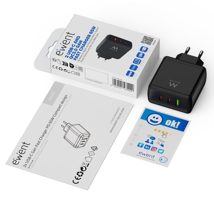 Ewent 65W GaN Fast Charger with 3 Ports (2 USB-C PD and 1 USB-A QC)…