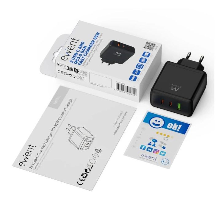 Ewent 65W GaN Fast Charger with 3 Ports (2 USB-C PD and 1 USB-A QC)…