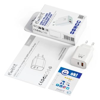 Ewent Cargador Rápido GaN de 20W USB-C PD y USB-A QC, Diseño Compacto