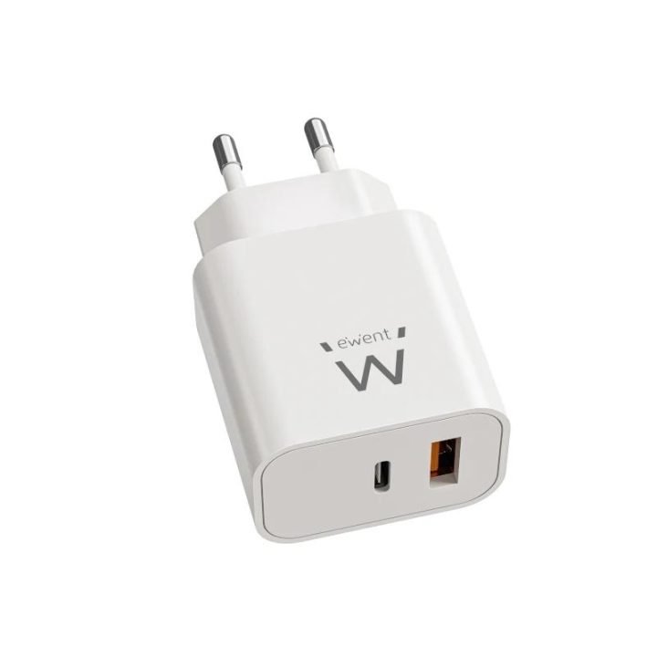 Ewent 20W USB-C PD and USB-A QC Fast GaN Charger, Compact Design