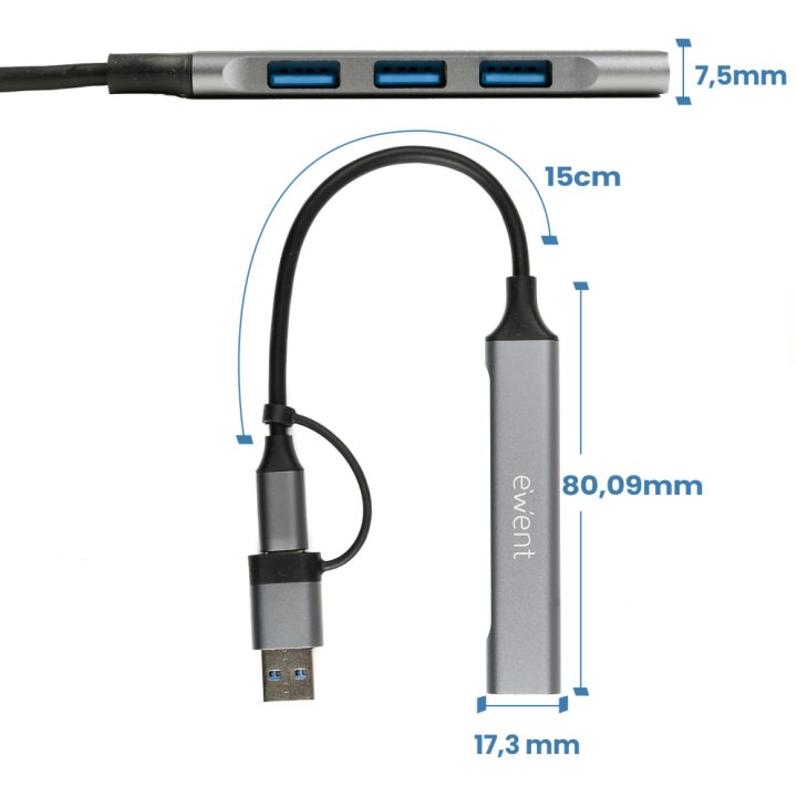 Ewent EW1154 USB 3.2 Gen 1 (3.1 Gen 1) Type-A + Type-C Interface Hub…