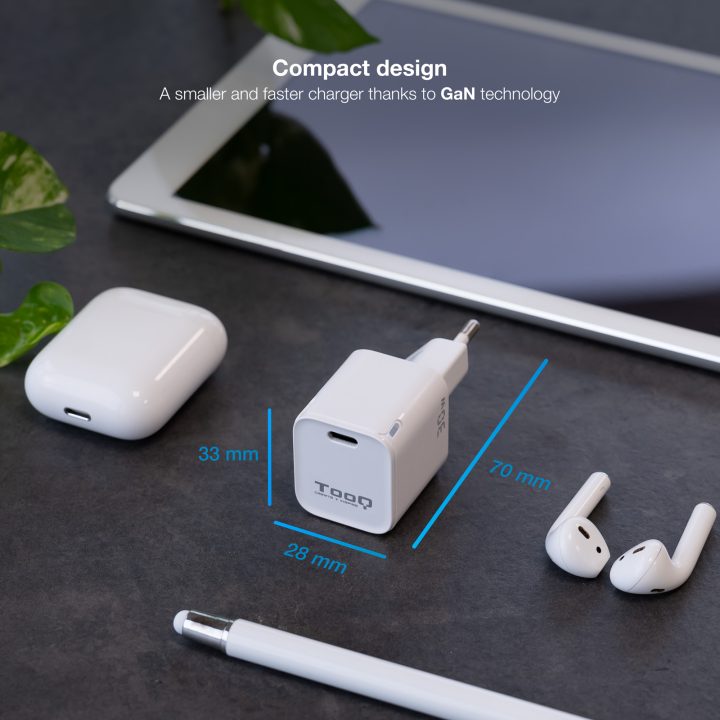 TooQ Carregador de Parede GAN USB-C/PD 30W, Branco