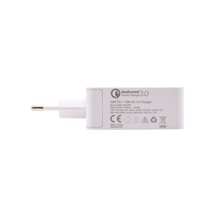 TooQ Carregador de Parede com Dupla Porta USB-C PD + USB A QC3.0, 48W