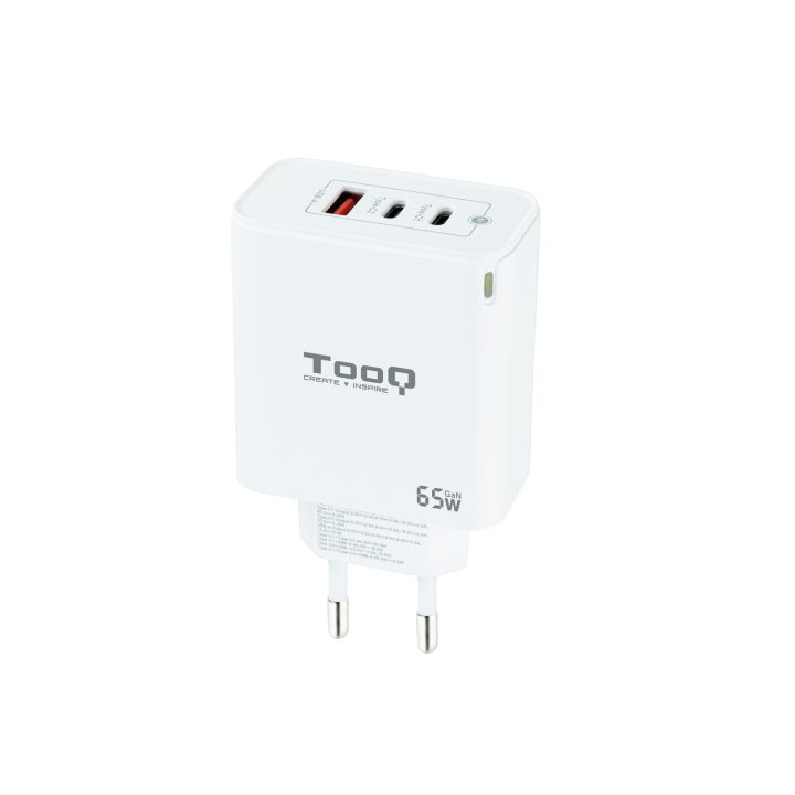 TooQ Carregador de Parede GaN 2USB-C/PD + USB-A/QC 65W, Branco