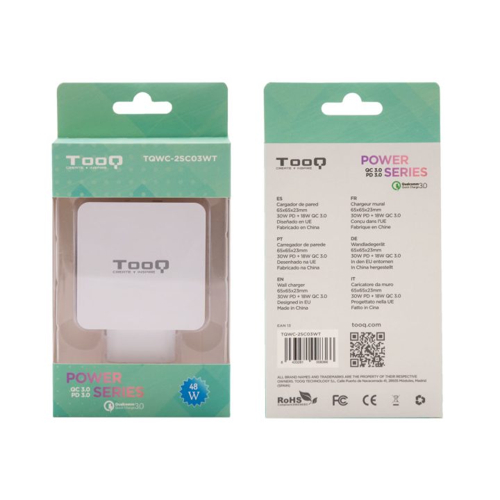 TooQ Carregador de Parede com Dupla Porta USB-C PD + USB A QC3.0, 48W
