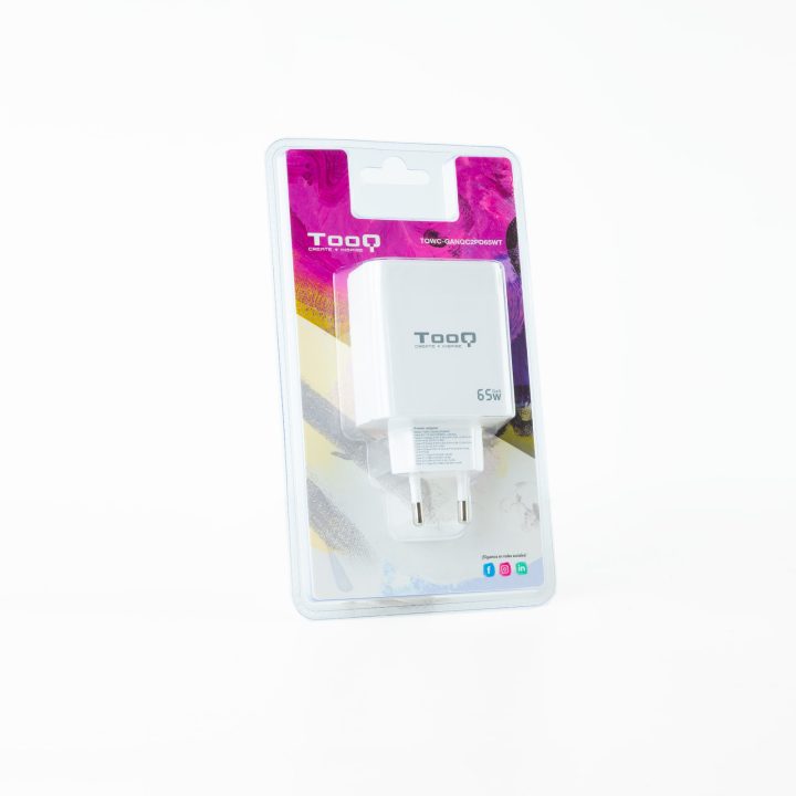TooQ GaN Wall Charger 2USB-C/PD + USB-A/QC 65W, White