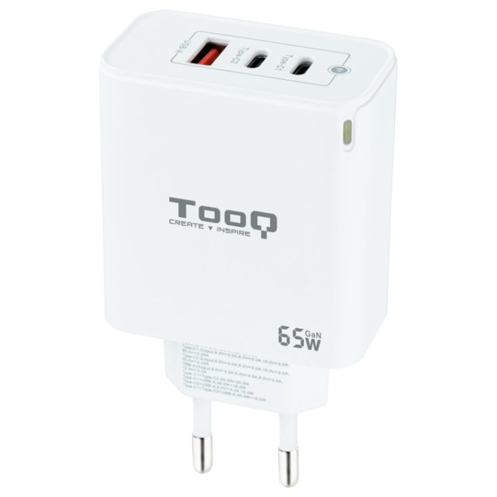 TooQ Carregador de Parede GaN 2USB-C/PD + USB-A/QC 65W, Branco