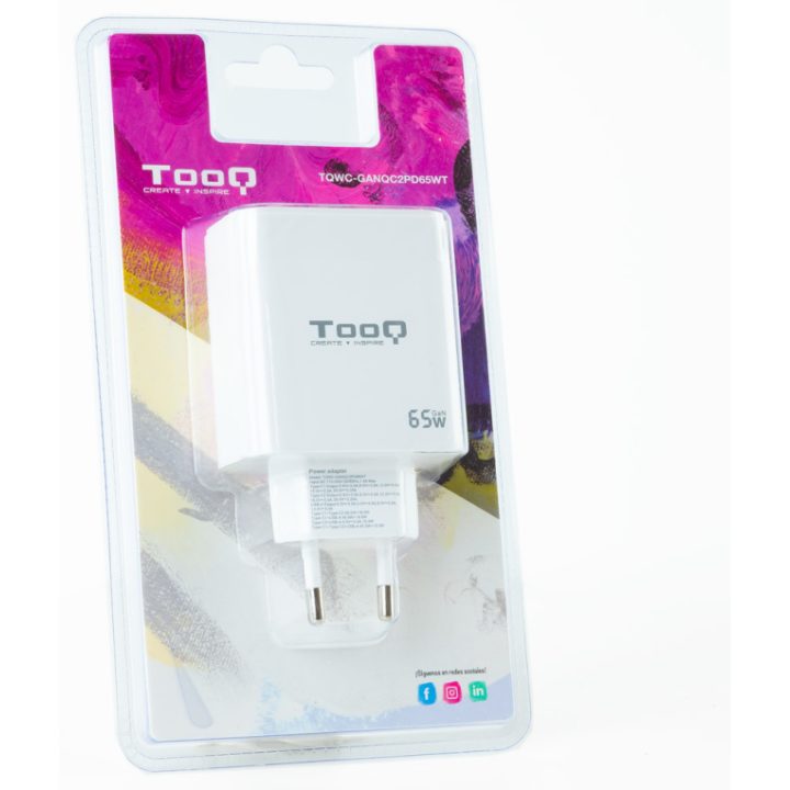 TooQ Carregador de Parede GaN 2USB-C/PD + USB-A/QC 65W, Branco