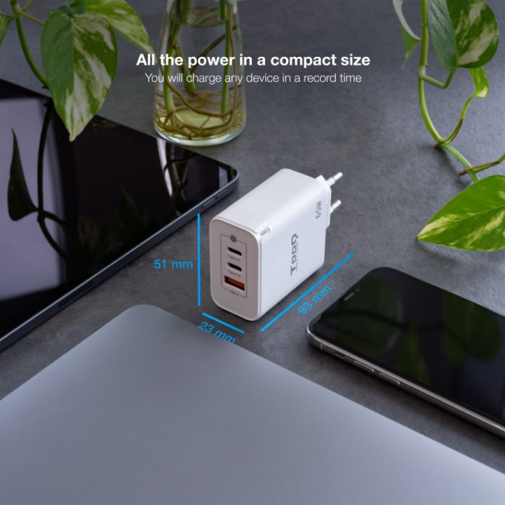 TooQ Carregador de Parede GaN 2USB-C/PD + USB-A/QC 65W, Branco