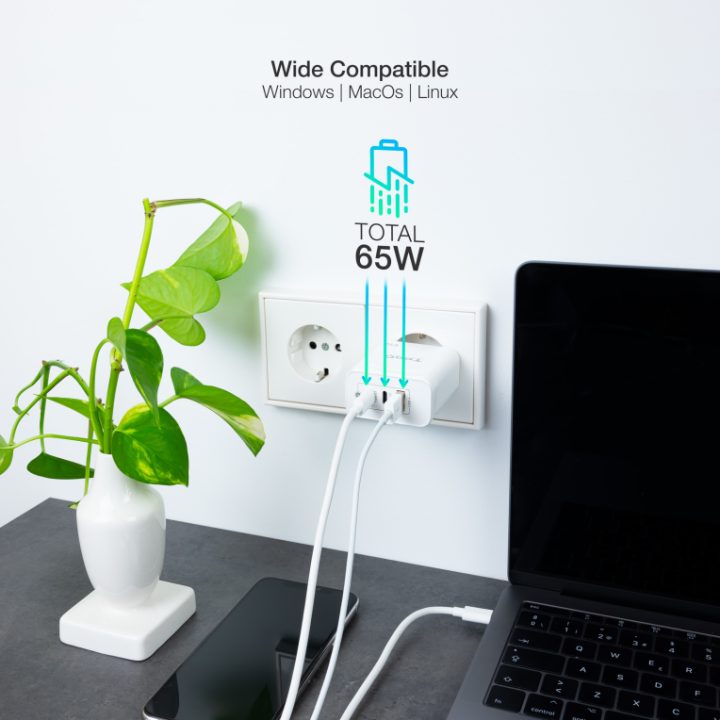 TooQ Carregador de Parede GaN 2USB-C/PD + USB-A/QC 65W, Branco