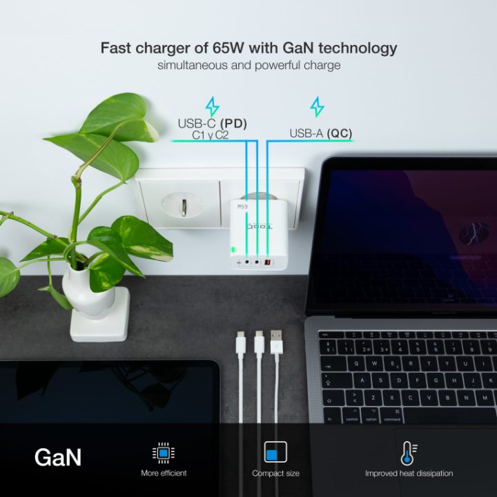 TooQ GaN Wall Charger 2USB-C/PD + USB-A/QC 65W, White