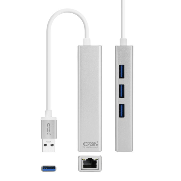 Nanocable USB 3.0 to Gigabit Ethernet + 3xUSB 3.0 Converter, Silver…