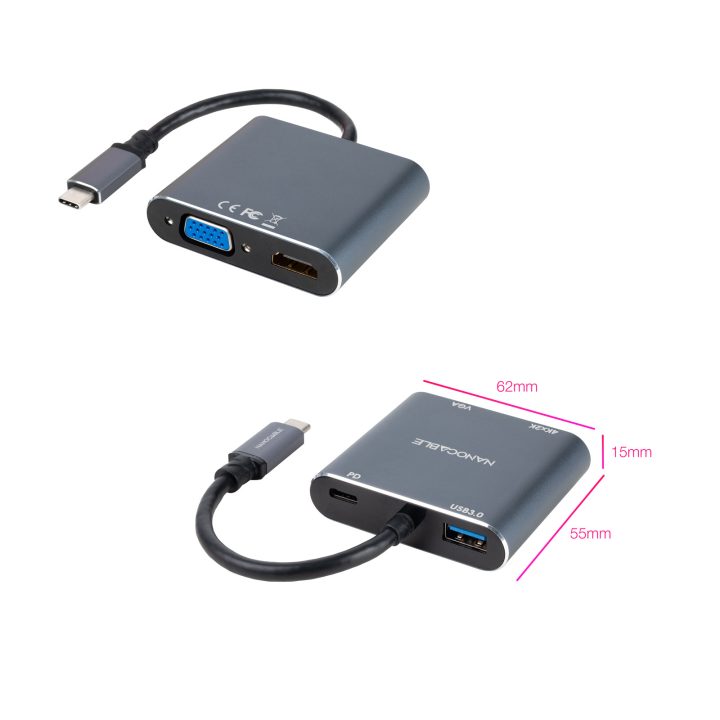 Nanocabo Conversor USB-C para HDMI/VGA/USB3.0/PD 15 cm, Cinzento